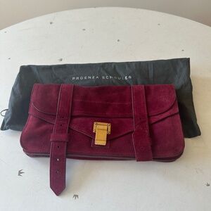 Proenza Schouler burgundy suede PS1 pochette clutch bag with brass hardware